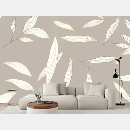 Wall mural delicate gold-lined leaves on beige background • Wallissimo®