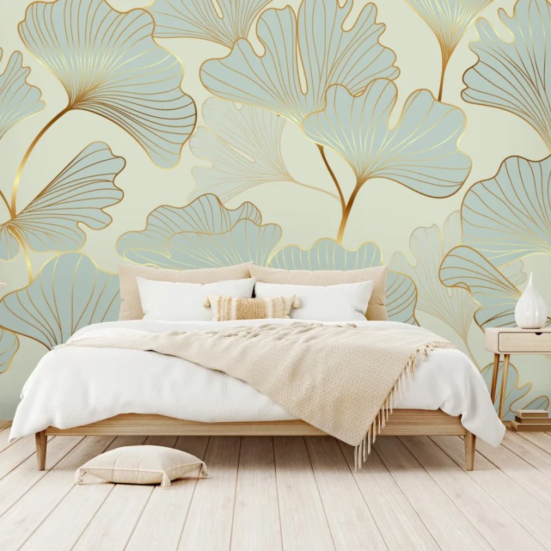Wall mural pastel ginkgo leaves pattern with gold accents