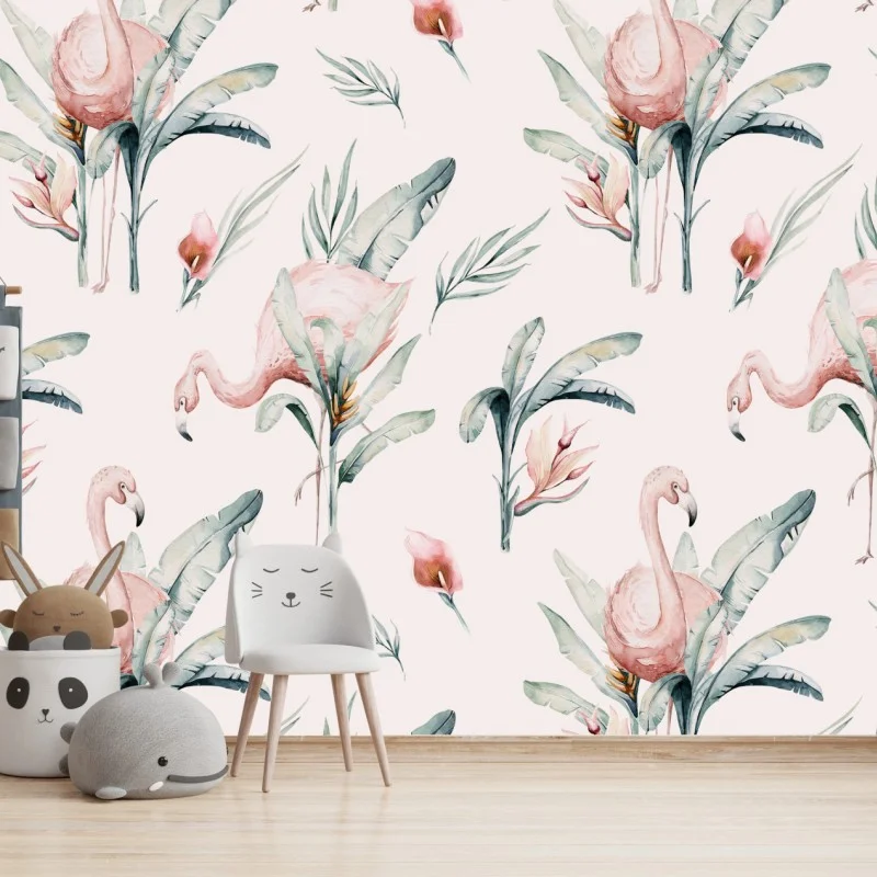 Wall mural watercolor flamingo tropical pattern