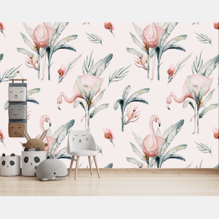 Wall mural watercolor flamingo tropical pattern • Wallissimo®