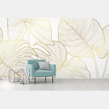 Wall mural golden botanical line art • Wallissimo®