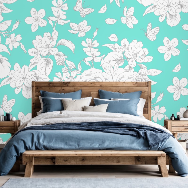 Wall mural turquoise floral botanical pattern