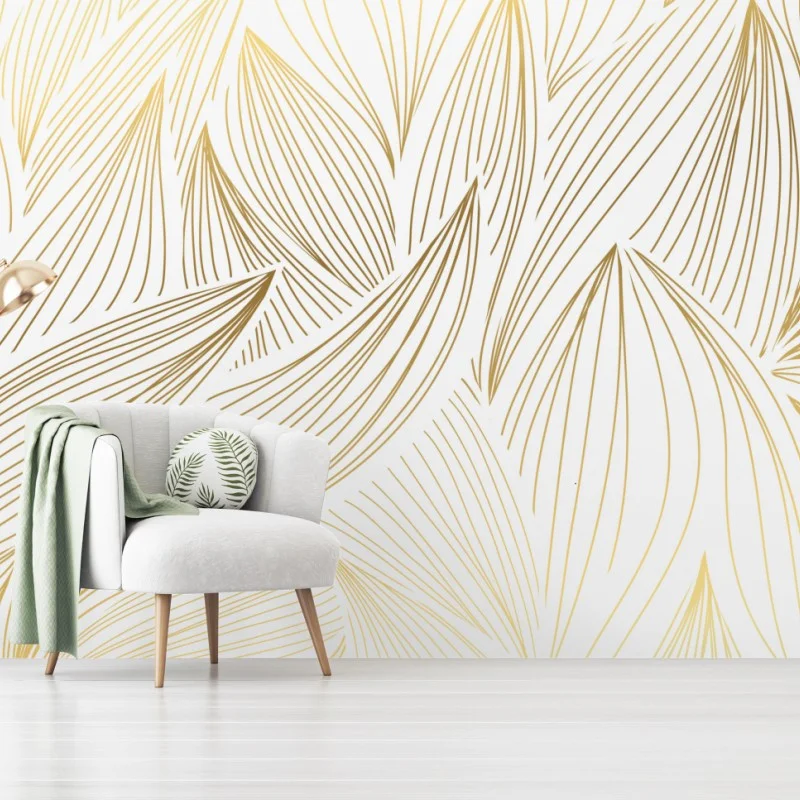 Wall mural golden leaf line art