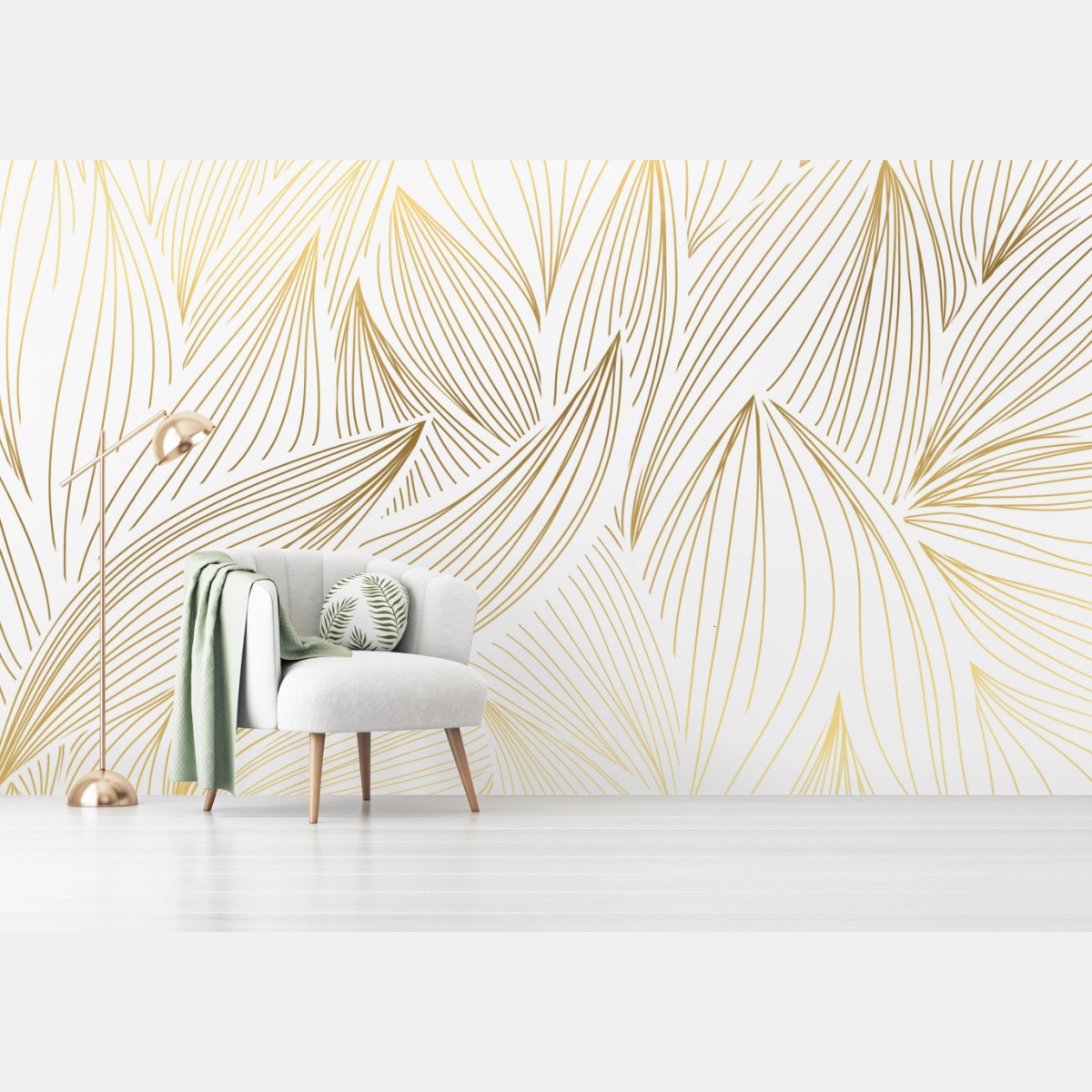 Wall mural golden leaf line art • Wallissimo®
