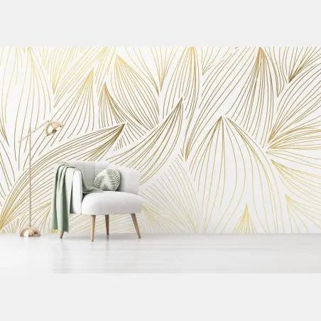 Wall mural golden leaf line art • Wallissimo®