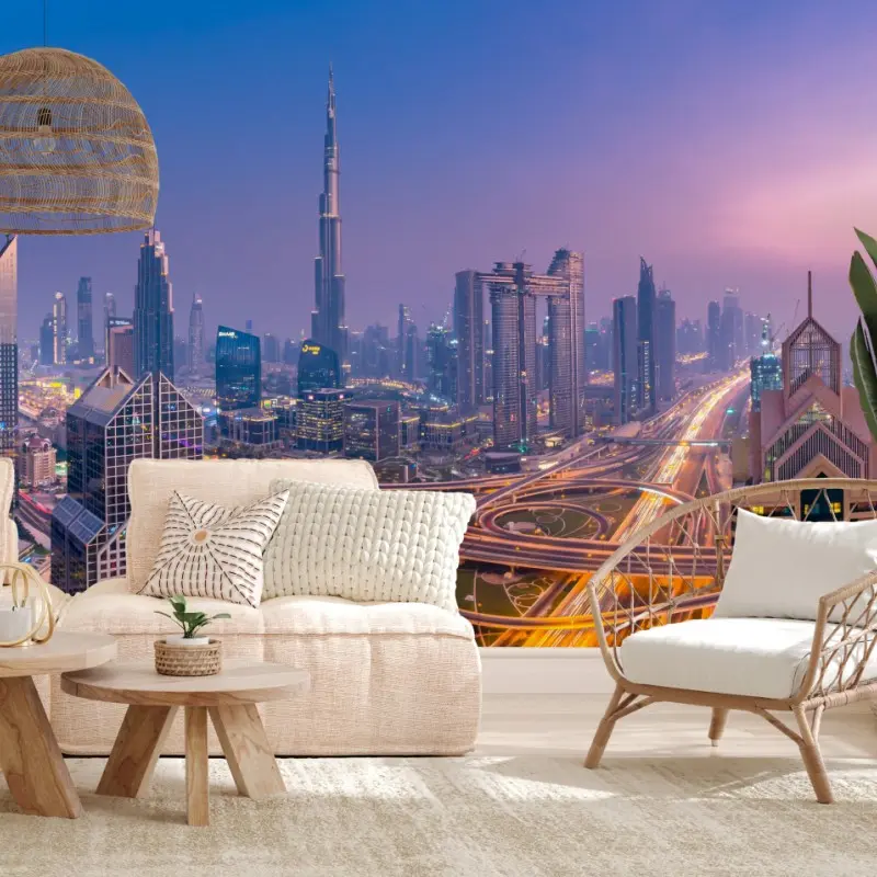 Wall mural Dubai skyline at dusk panoramic cityscape