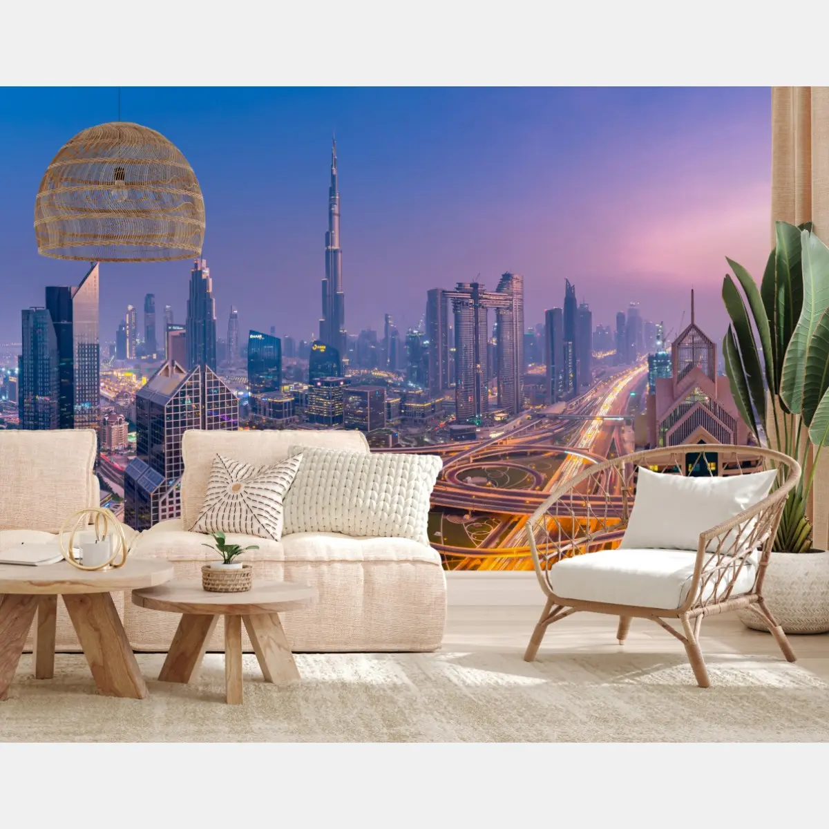 Wall mural Dubai skyline at dusk panoramic cityscape • Wallissimo®