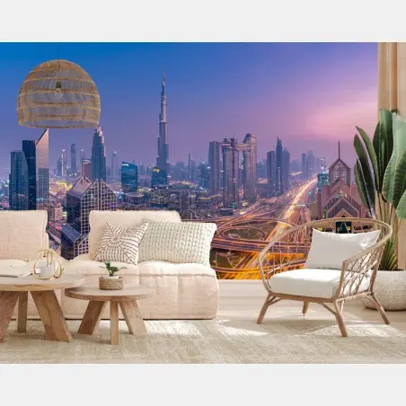 Wall mural Dubai skyline at dusk panoramic cityscape • Wallissimo®