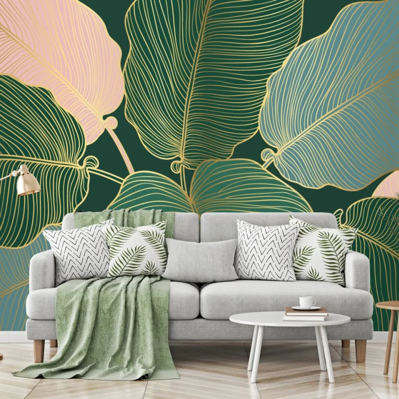 Wall mural gold-lined tropical leaves print