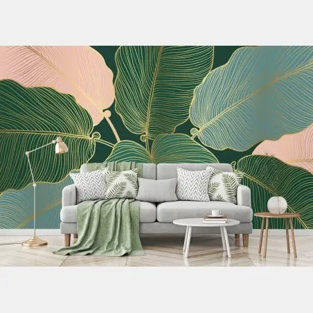 Wall mural gold-lined tropical leaves print • Wallissimo®