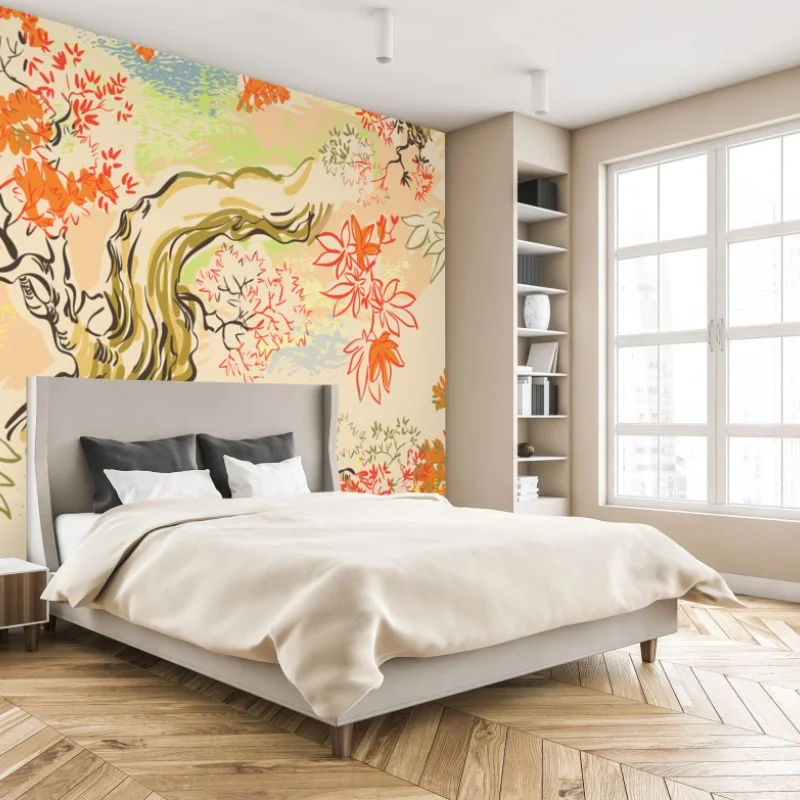 Wall mural serene oriental tree and leaf pattern