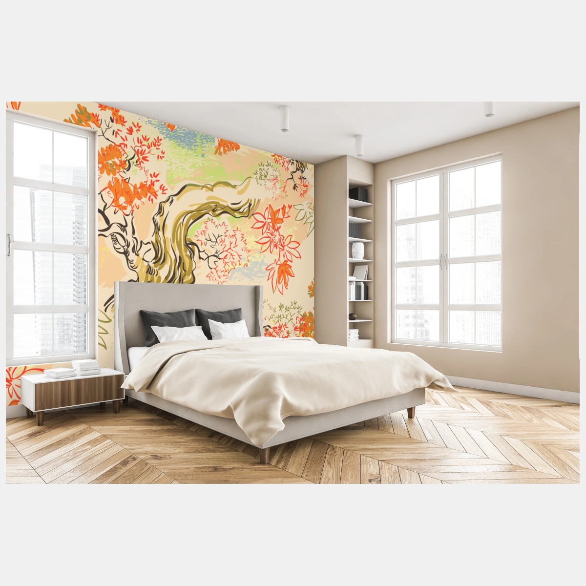 Wall mural serene oriental tree and leaf pattern • Wallissimo®