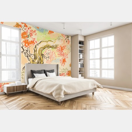 Wall mural serene oriental tree and leaf pattern • Wallissimo®