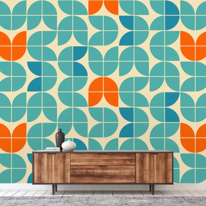 Wall mural retro geometric tile pattern in turquoise and orange
