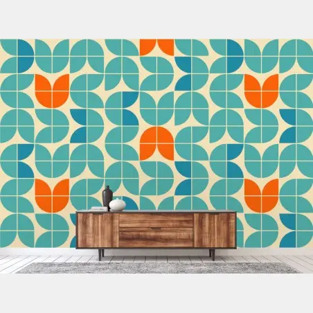Wall mural retro geometric tile pattern in turquoise and orange • Wallissimo®