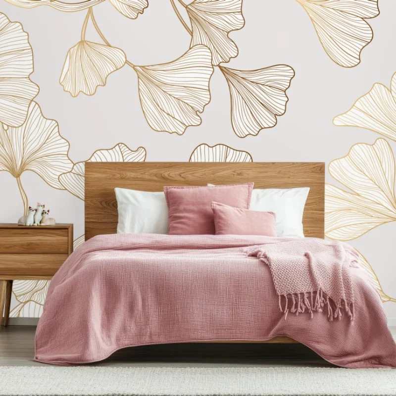 Wall mural delicate golden ginkgo botanical pattern