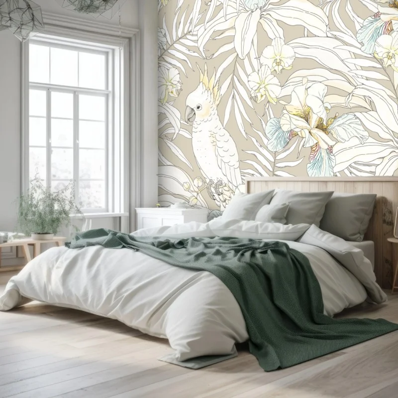Wall mural tropical cockatoo floral pattern
