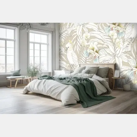 Wall mural tropical cockatoo floral pattern • Wallissimo®