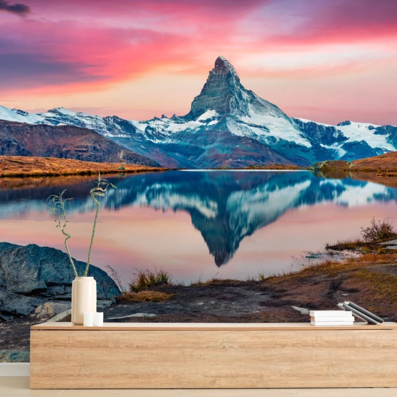Wall mural majestic Matterhorn reflection at Stellisee