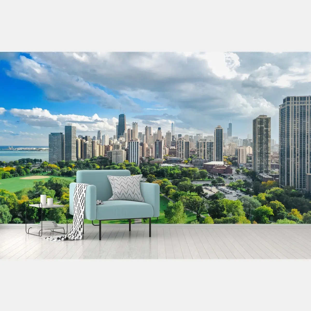 Wall mural city skyline above a green park • Wallissimo®