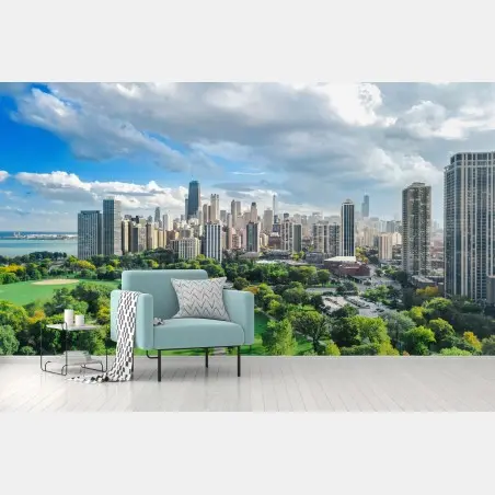 Wall mural city skyline above a green park • Wallissimo®