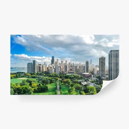 Wall mural city skyline above a green park • Wallissimo®