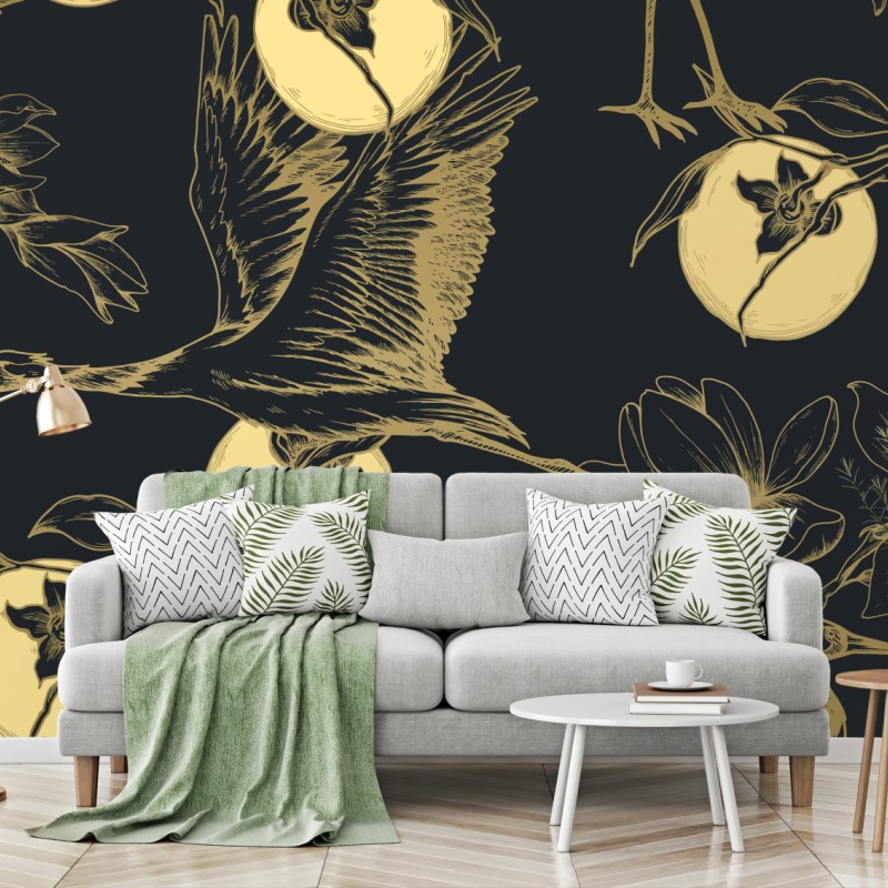 Wall mural golden cranes and moon pattern