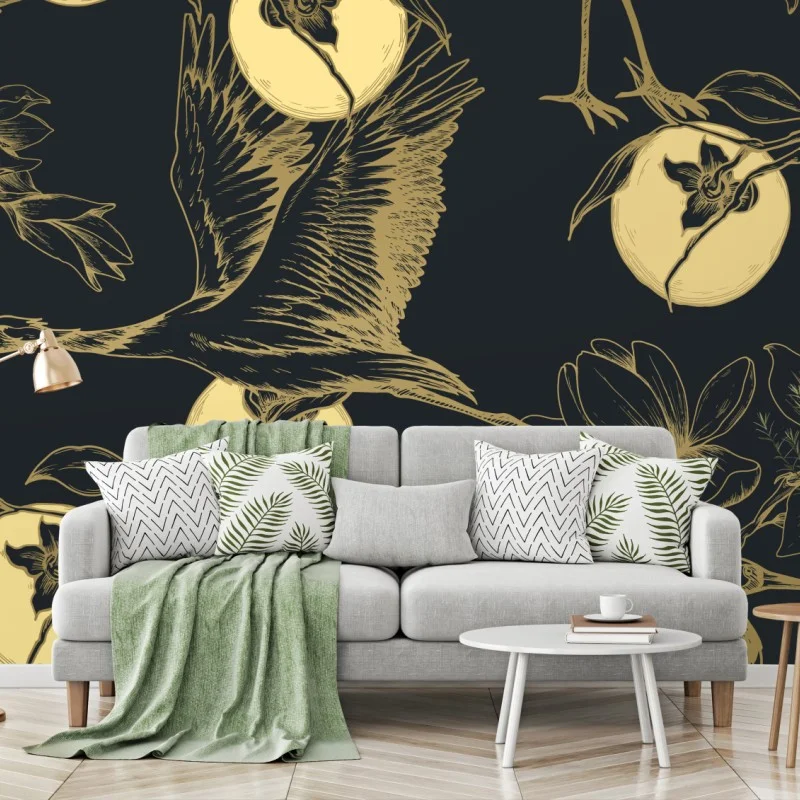 Wall mural golden cranes and moon pattern