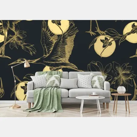 Wall mural golden cranes and moon pattern • Wallissimo®