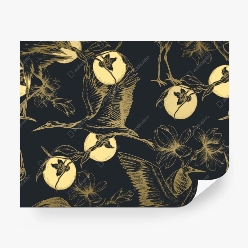 Wall mural golden cranes and moon pattern