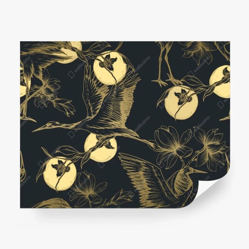 Wall mural golden cranes and moon pattern