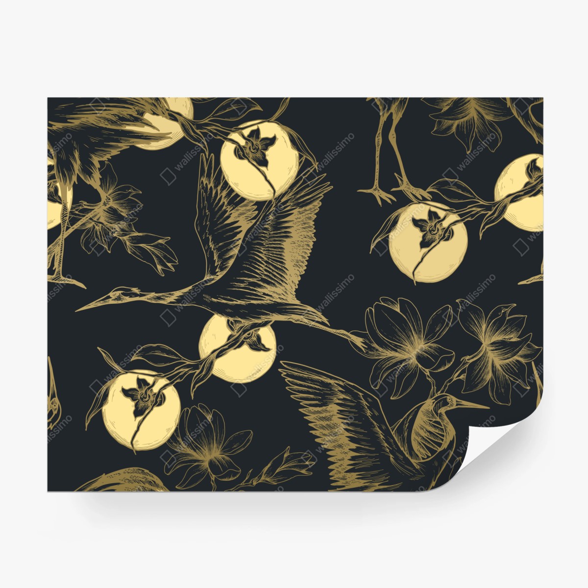 Wall mural golden cranes and moon pattern • Wallissimo®