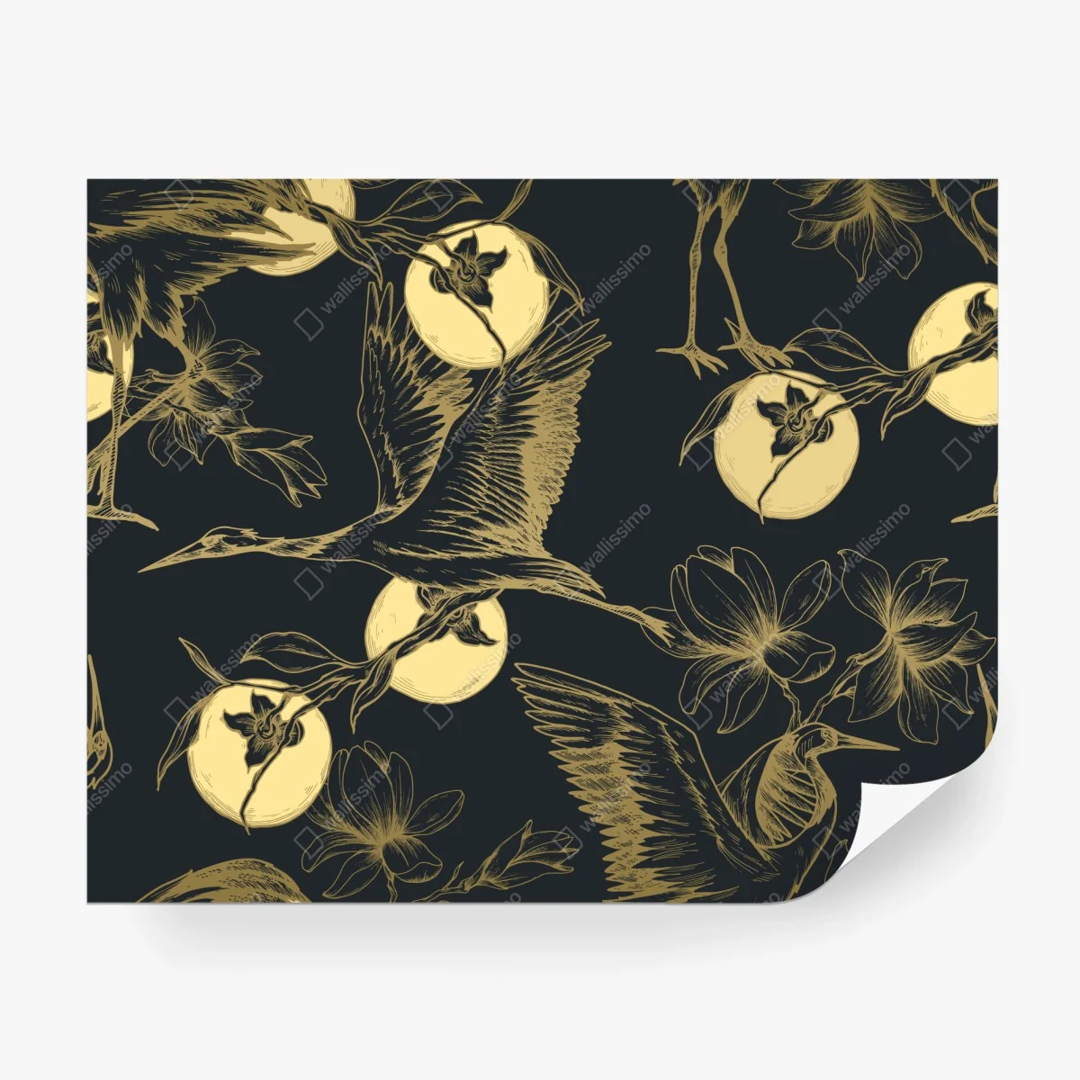 Wall mural golden cranes and moon pattern ⁕ Wallissimo®