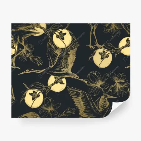 Wall mural golden cranes and moon pattern • Wallissimo®