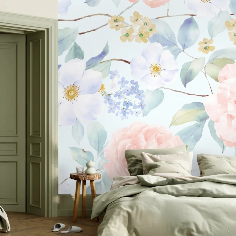 Wall mural soft pastel floral watercolor blooms