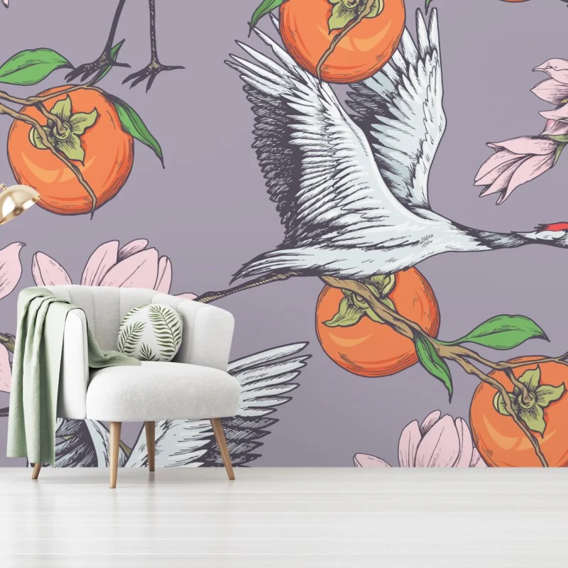 Wall mural graceful cranes and persimmon blossoms pattern