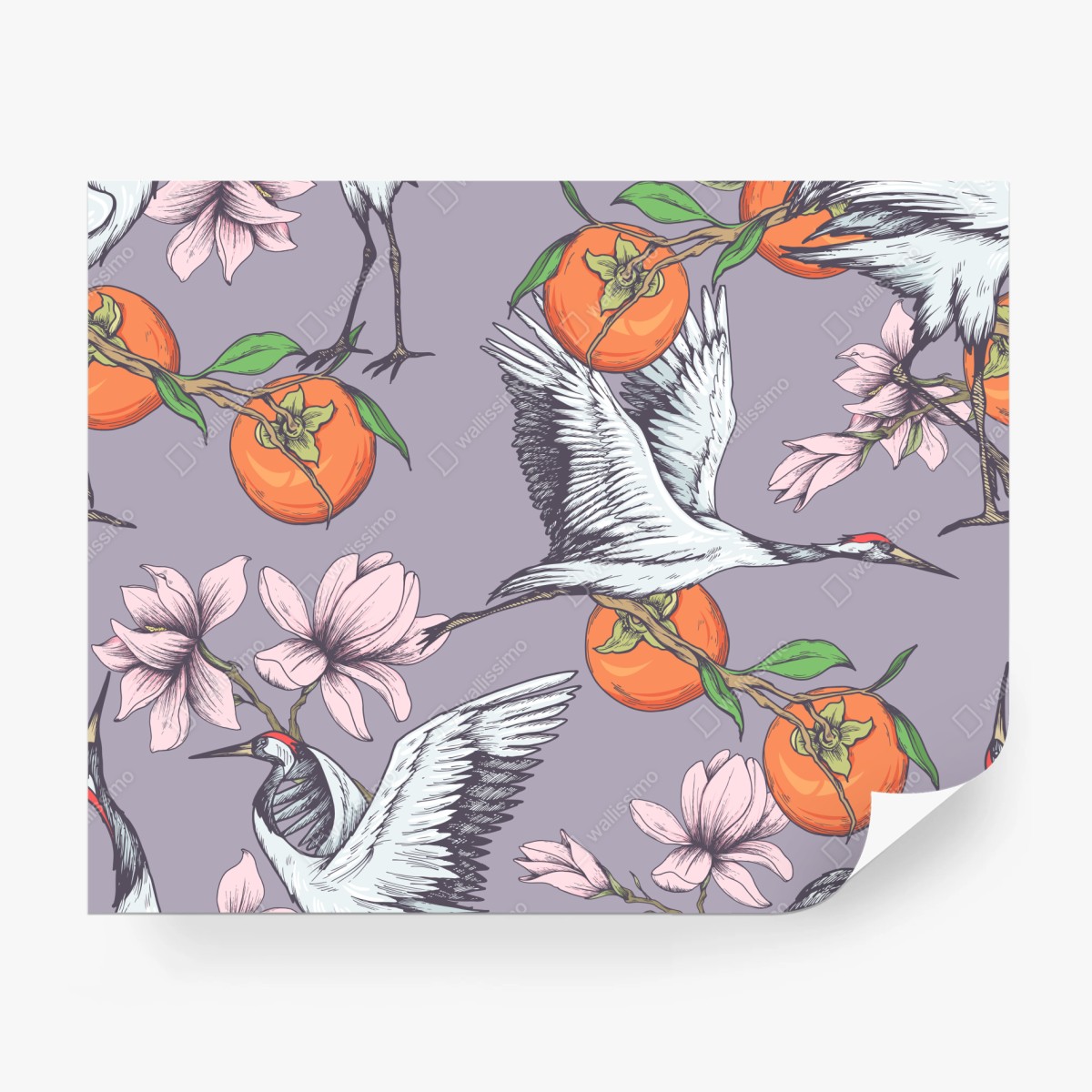 Wall mural graceful cranes and persimmon blossoms pattern ⁕ Wallissimo®