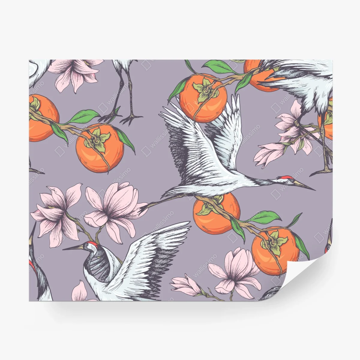 Wall mural graceful cranes and persimmon blossoms pattern • Wallissimo® Wall mural graceful cranes and persimmon blossoms pattern • Wallissimo®