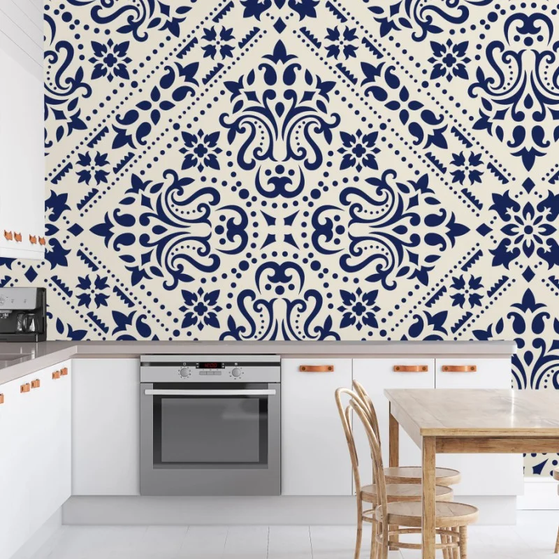 Wall mural navy damask tile pattern