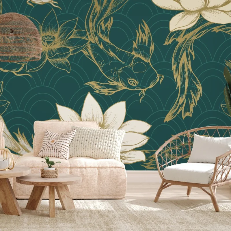 Wall mural oriental koi and lotus pattern in teal and gold