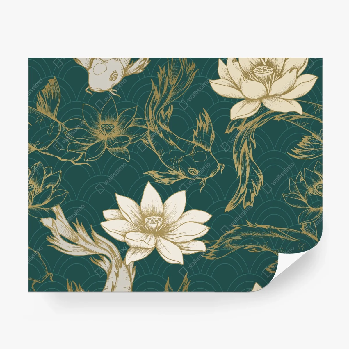 Wall mural oriental koi and lotus pattern in teal and gold ⁕ Wallissimo®