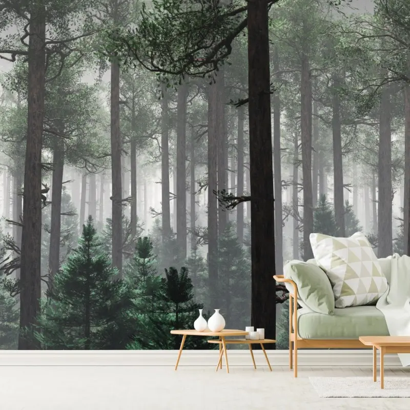 Wall mural misty evergreen forest panorama