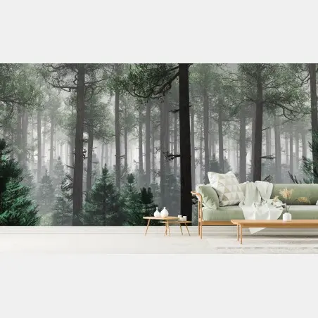 Wall mural misty evergreen forest panorama • Wallissimo®