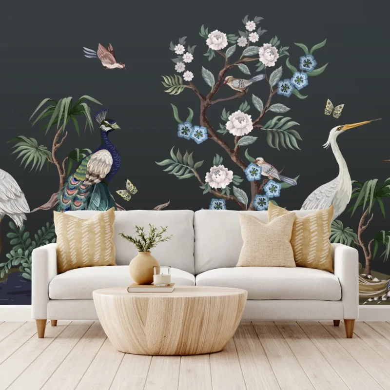 Wall mural peacock and herons botanical scene