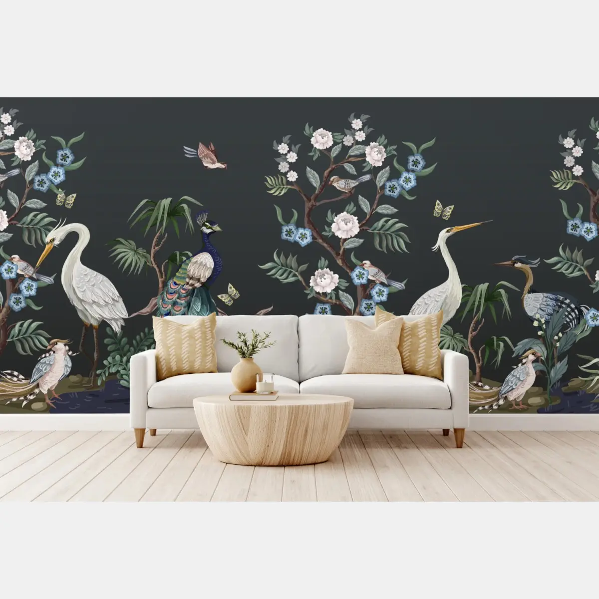 Wall mural peacock and herons botanical scene • Wallissimo®