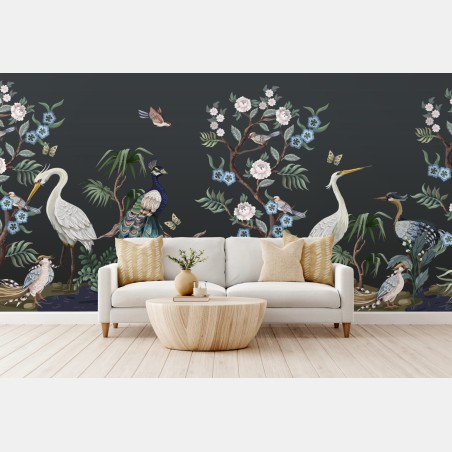 Wall mural peacock and herons botanical scene • Wallissimo®