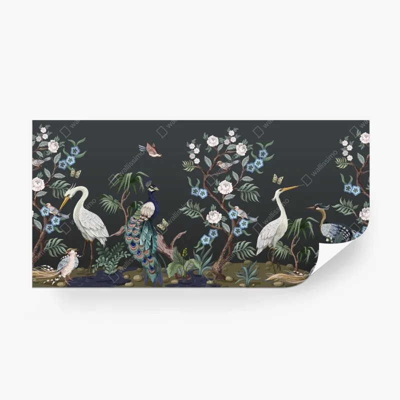 Wall mural peacock and herons botanical scene