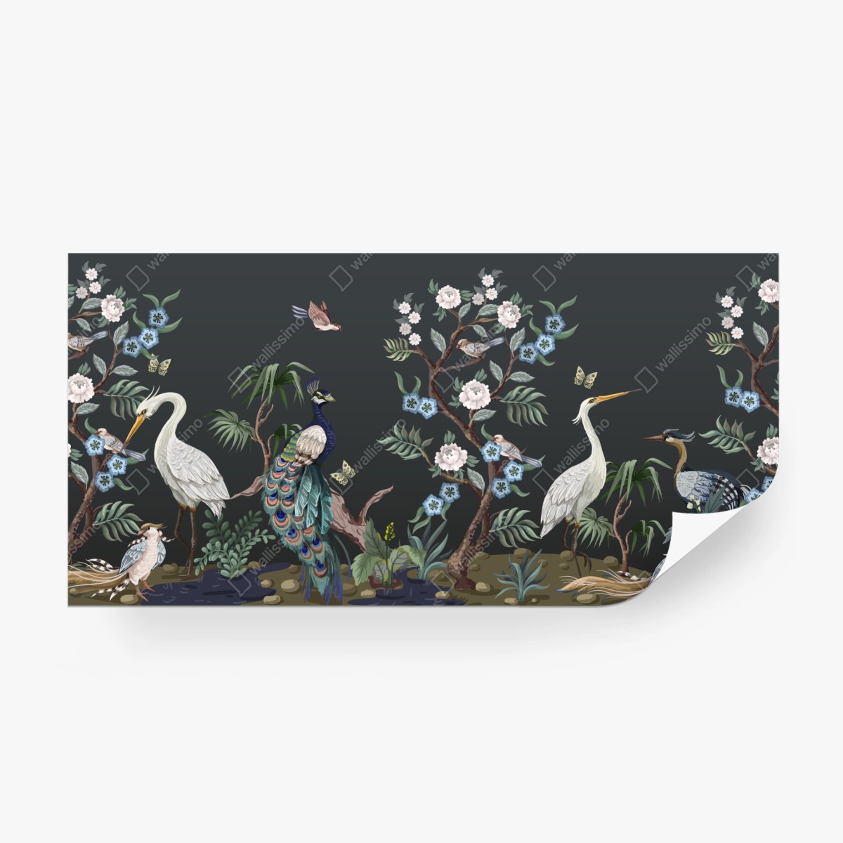 Wall mural peacock and herons botanical scene • Wallissimo®
