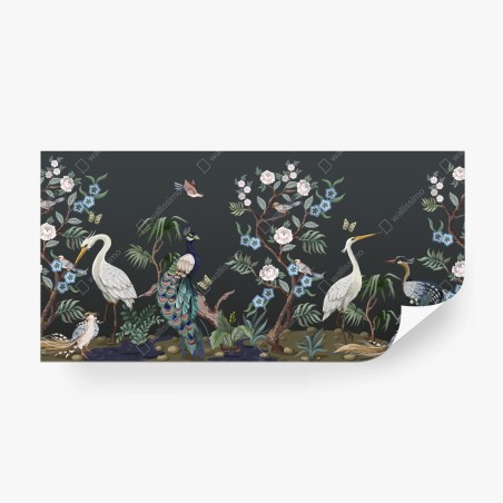 Wall mural peacock and herons botanical scene • Wallissimo®