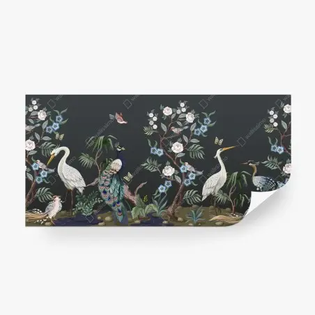 Wall mural peacock and herons botanical scene • Wallissimo®